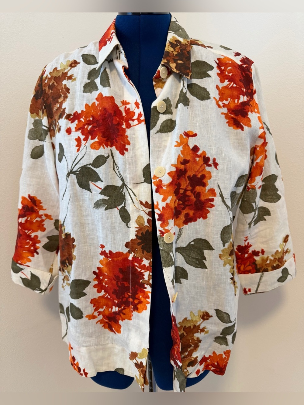 Italy Luca Signorelli Linen Button-Up Shirt White with Orange Floral Print NWOT